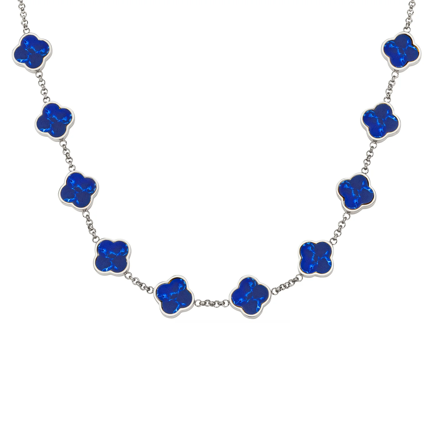 Blue Lace Agate Clover Custom Name Necklace (Silver)