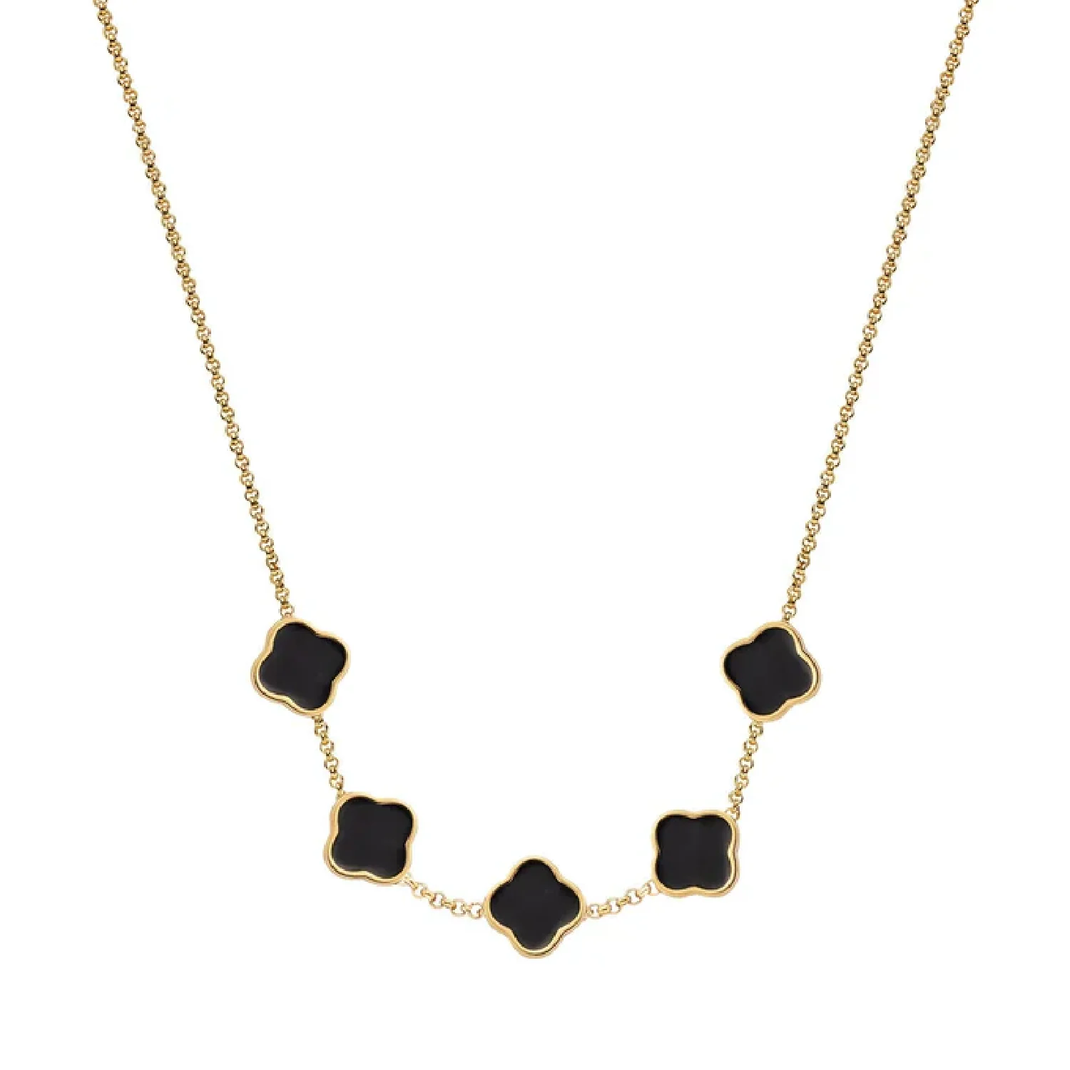 Black Enamel Clover Custom Name Necklace (Gold)