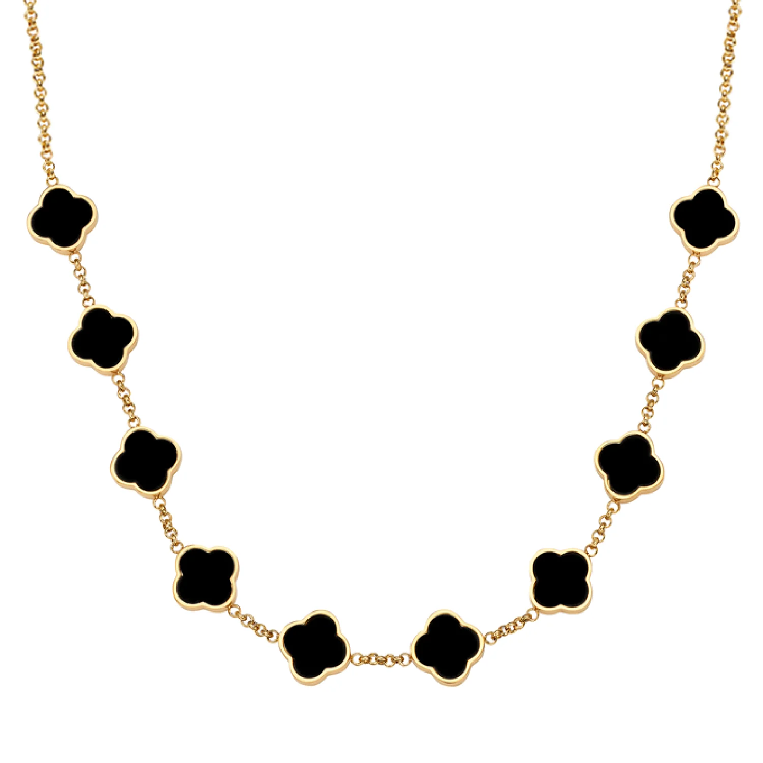 Black Enamel Clover Custom Name Necklace (Gold)