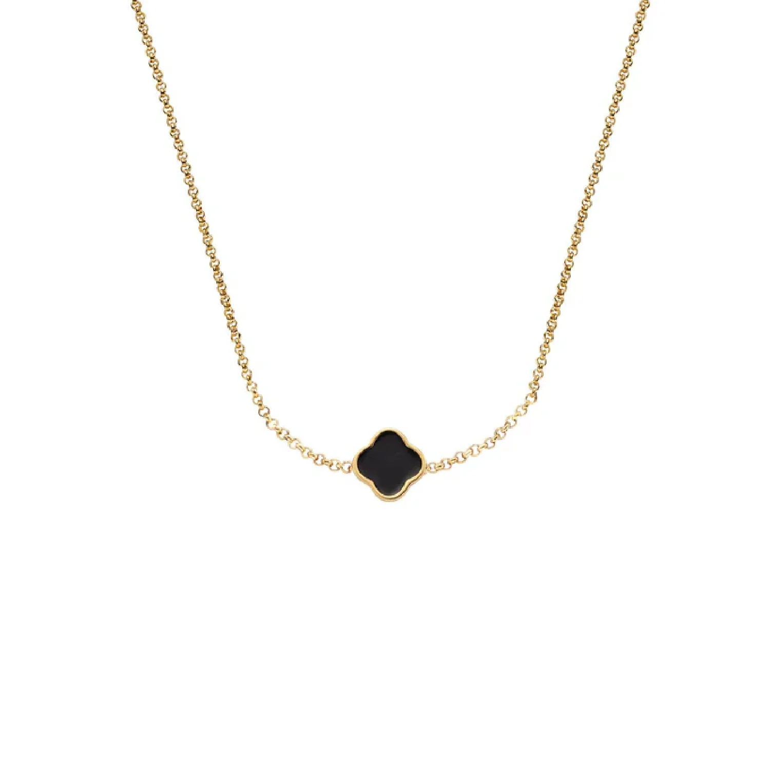 Black Enamel Clover Custom Name Necklace (Gold)