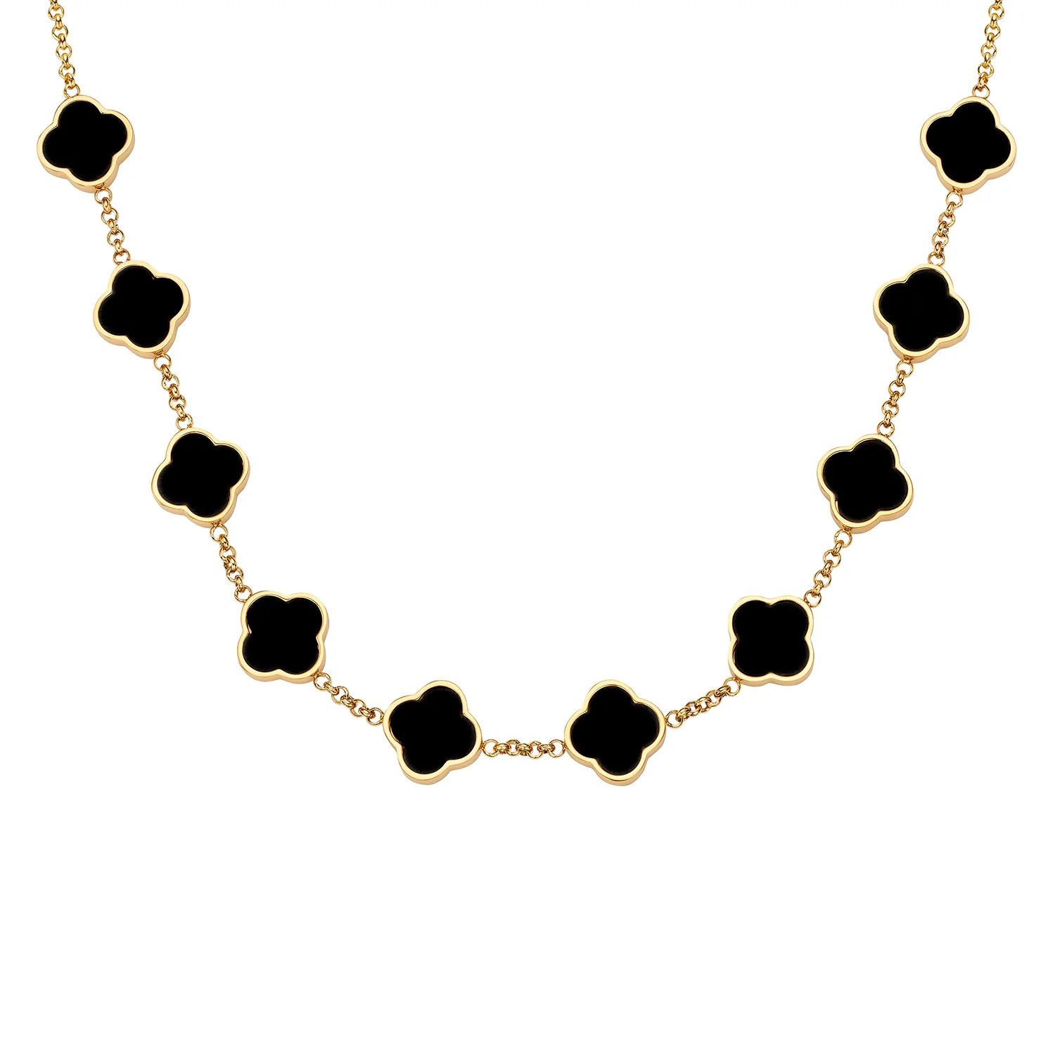 Black Enamel Clover Custom Name Necklace (Gold)