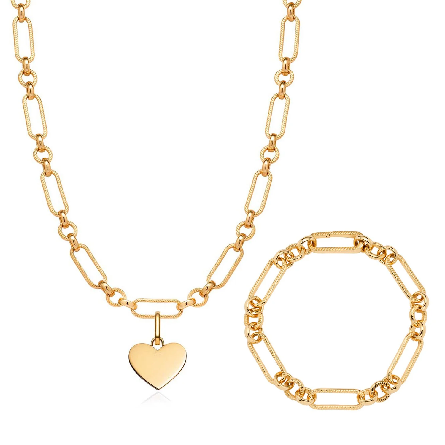 Heart Figaro Chain Necklace & Bracelet Bundle (Gold)