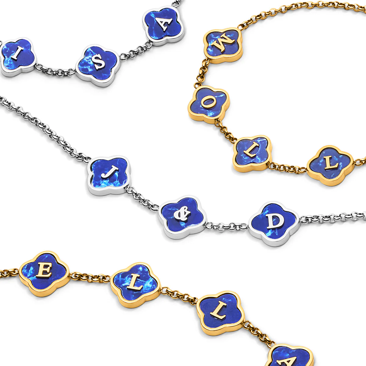 Blue Lace Agate Clover Custom Name Necklace (Gold)