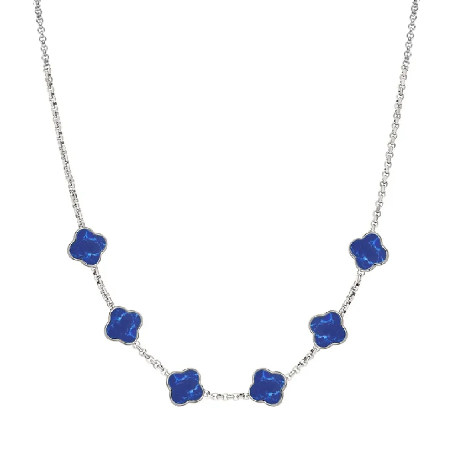 Blue Lace Agate Clover Custom Name Necklace (Silver)