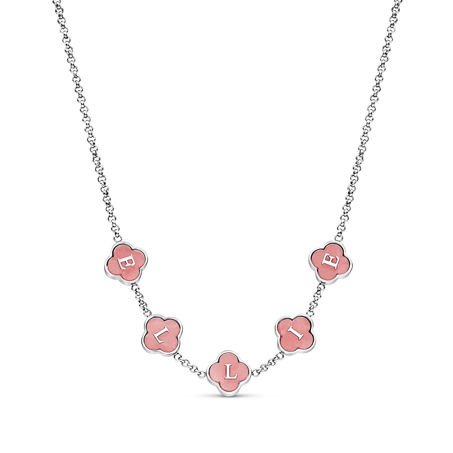 Rose Quartz Clover Custom Name Necklace (Silver)
