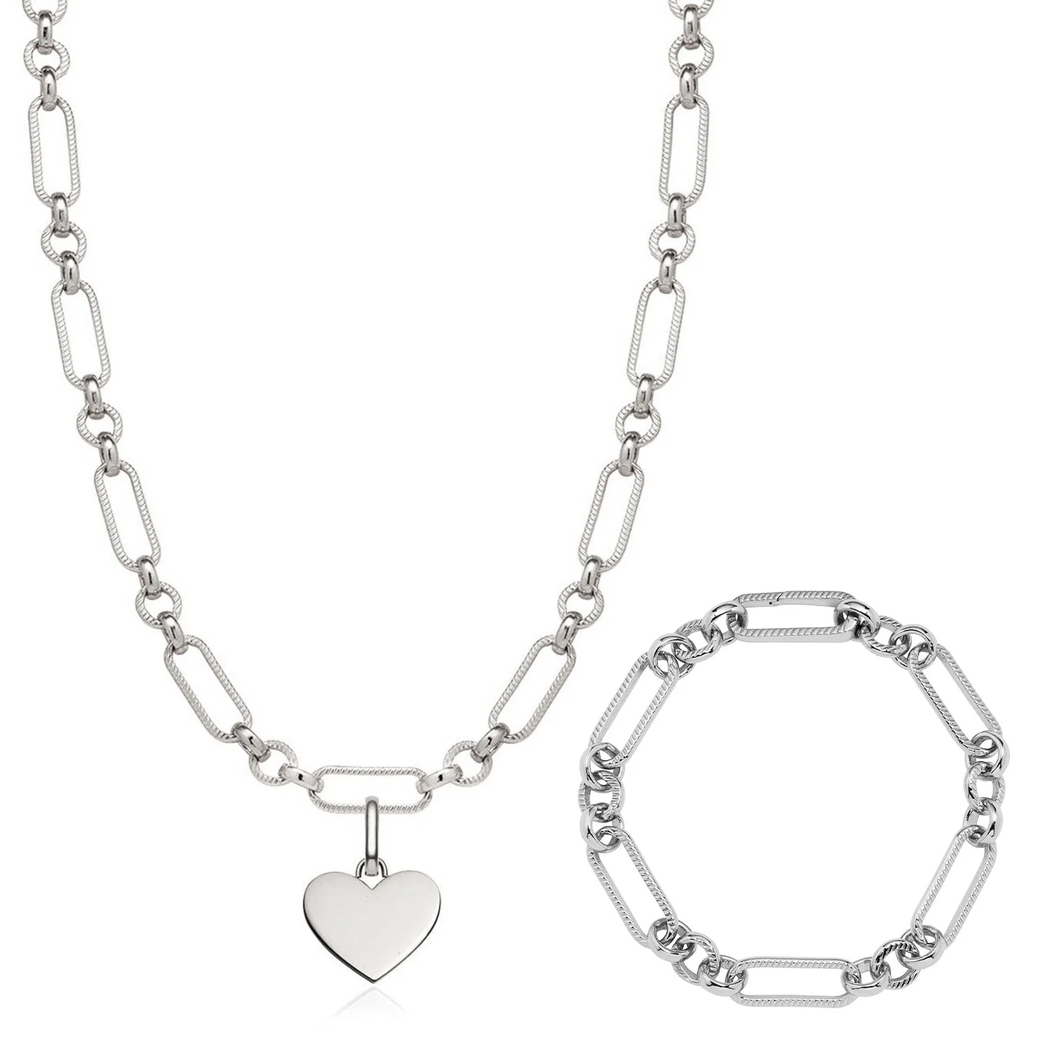 Heart Figaro Chain Necklace & Bracelet Bundle (Silver)
