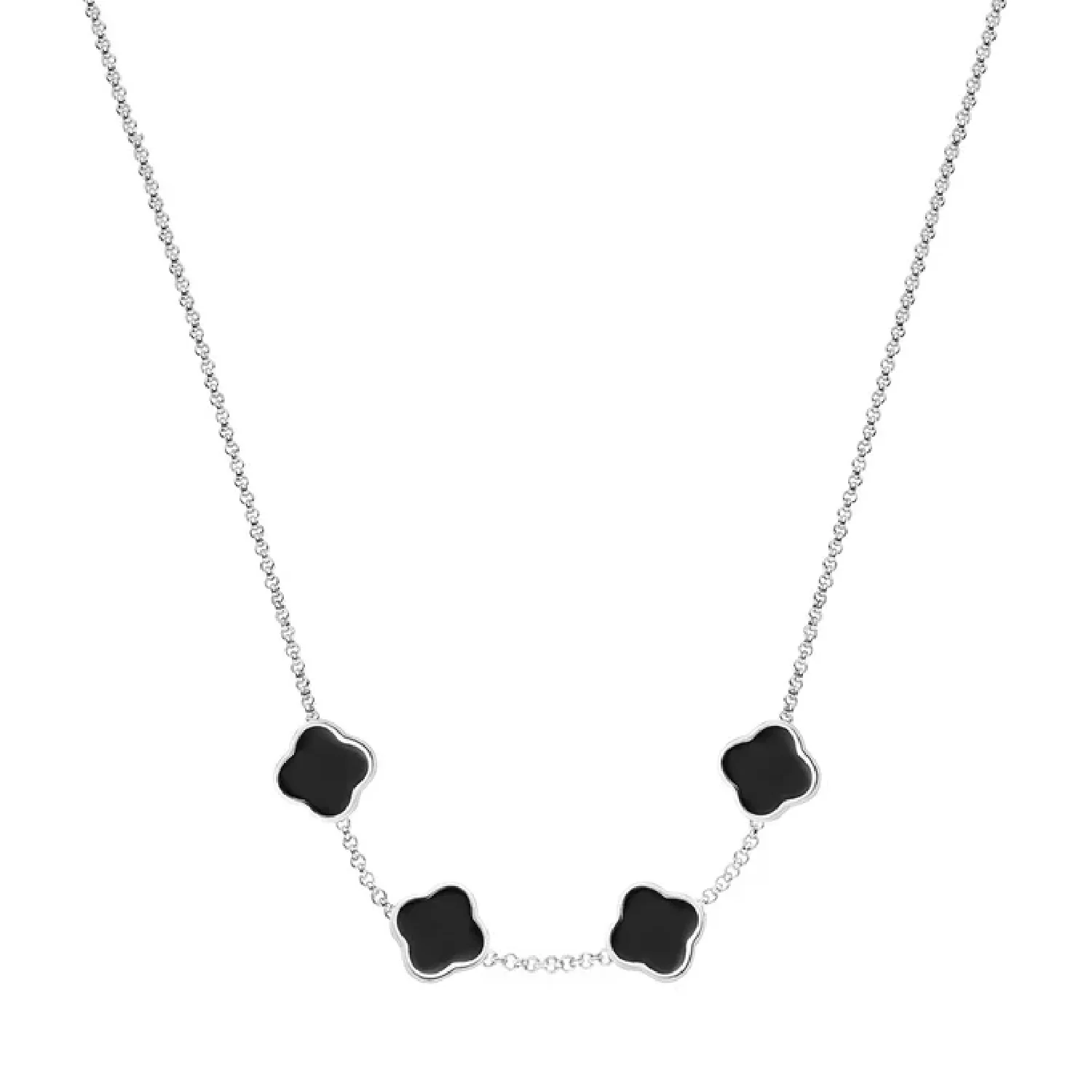 Black Enamel Clover Custom Name Necklace (Silver)
