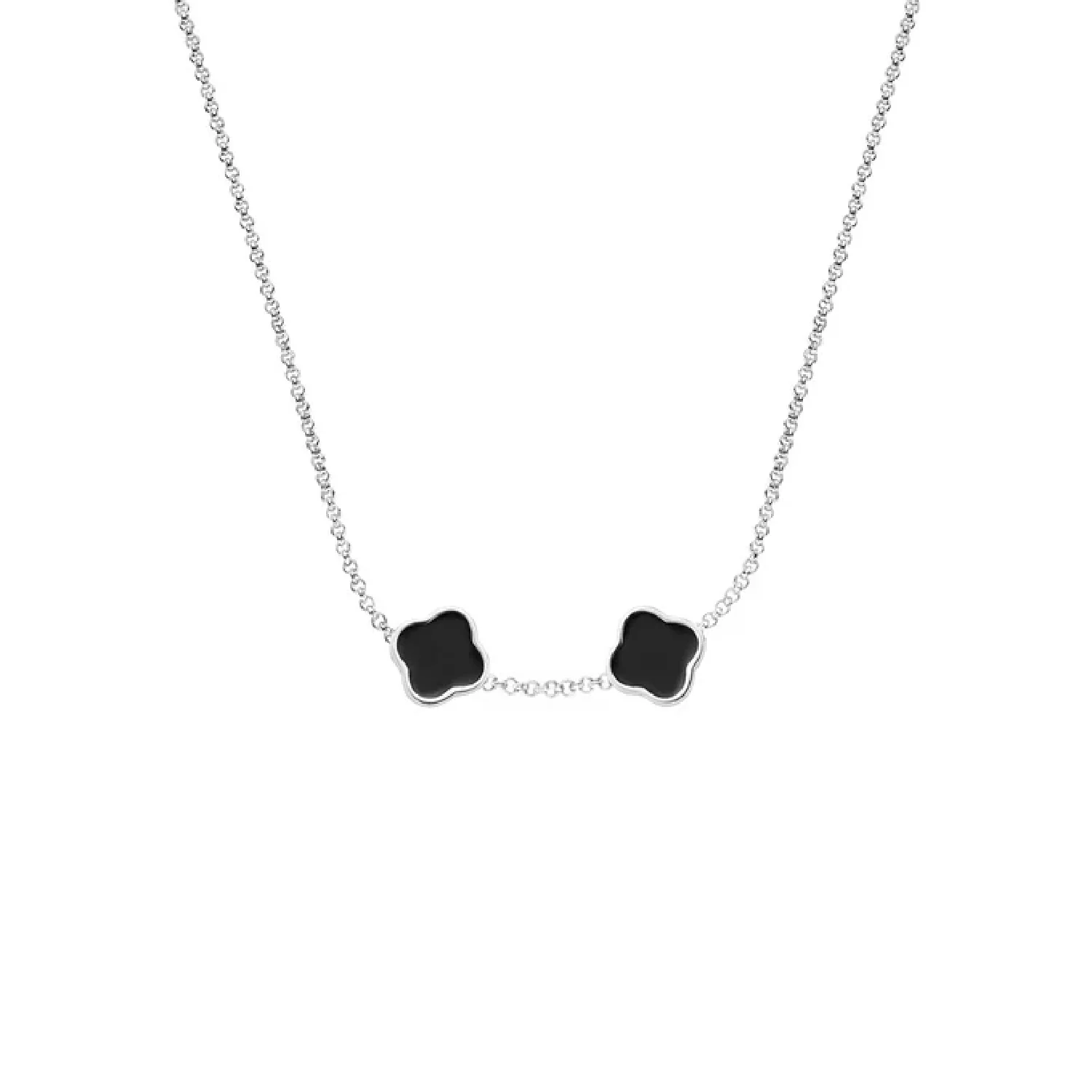 Black Enamel Clover Custom Name Necklace (Silver)