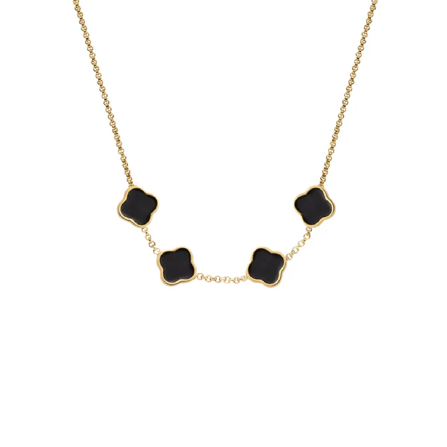 Black Enamel Clover Custom Name Necklace (Gold)