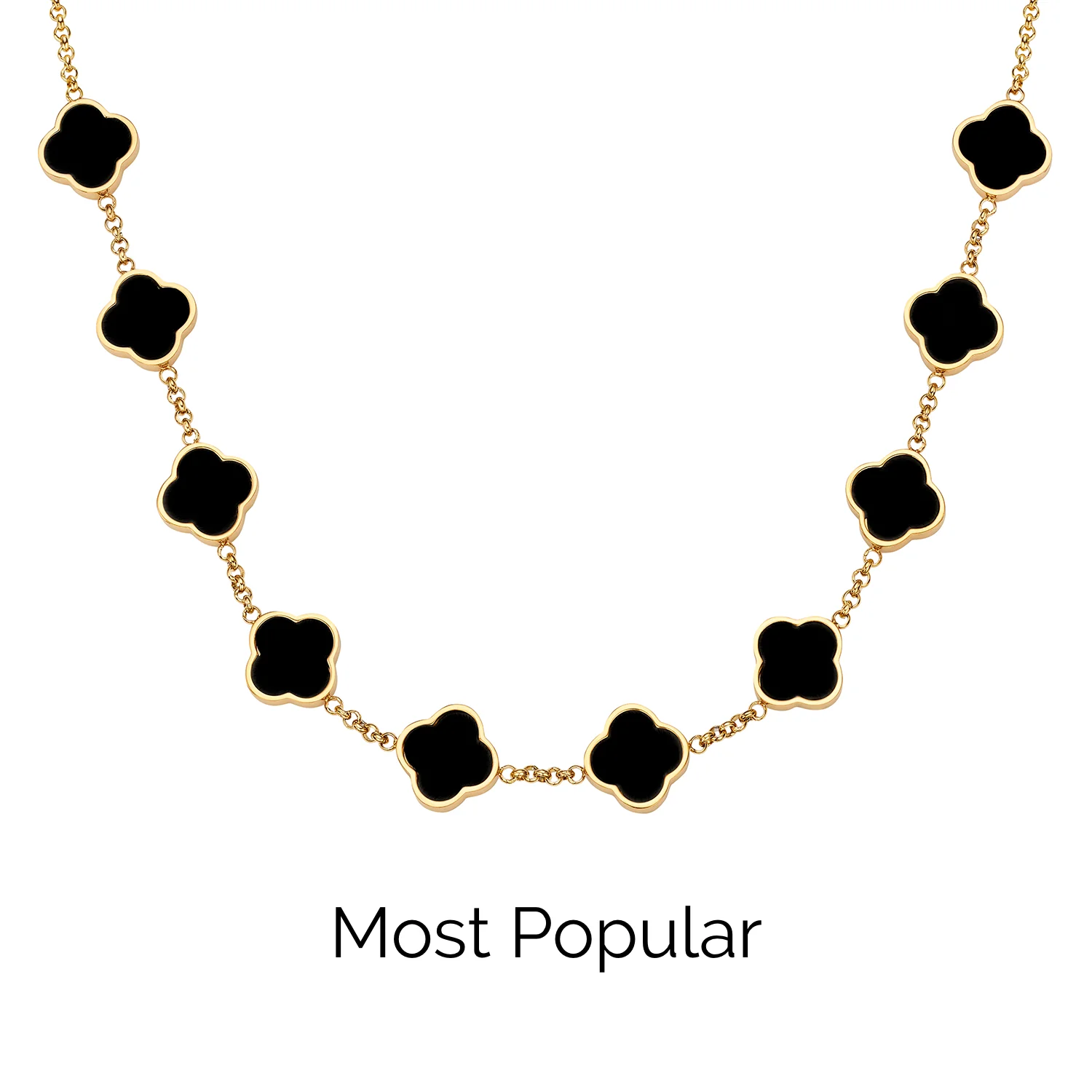 Black Enamel Clover Custom Name Necklace (Gold)