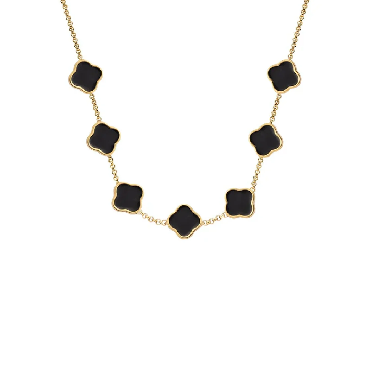 Black Enamel Clover Custom Name Necklace (Gold)