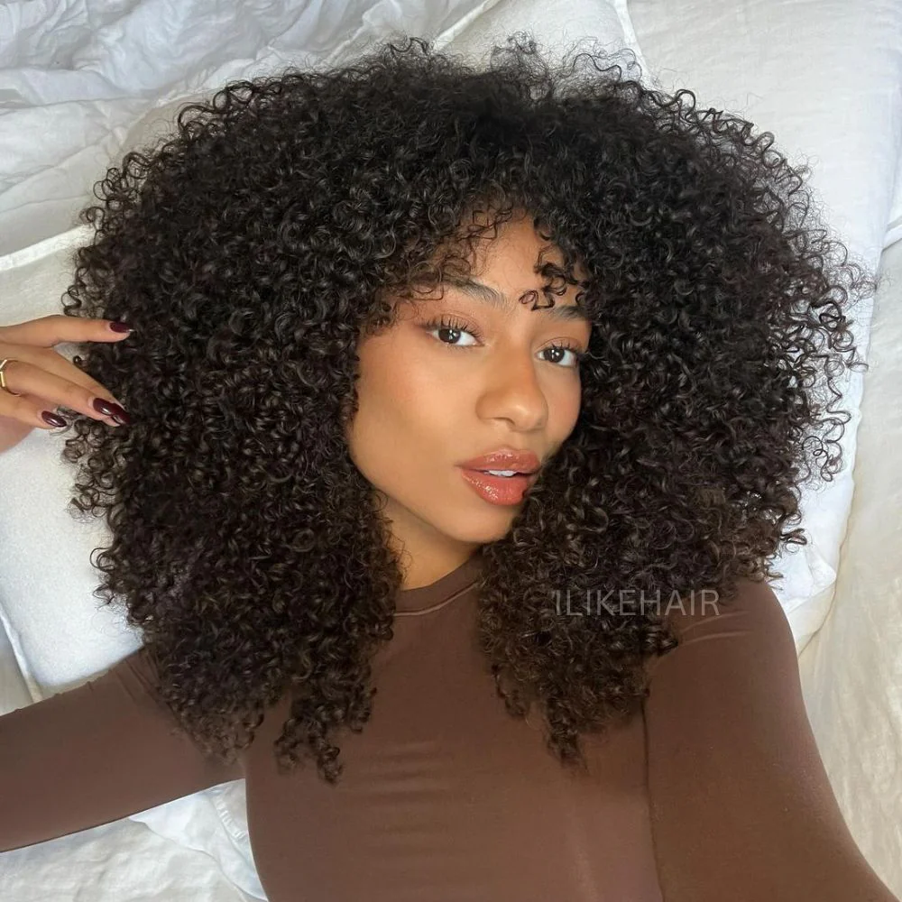 Natural Afro Kinky Curly With Bangs 5x5 Lace Closure Wig