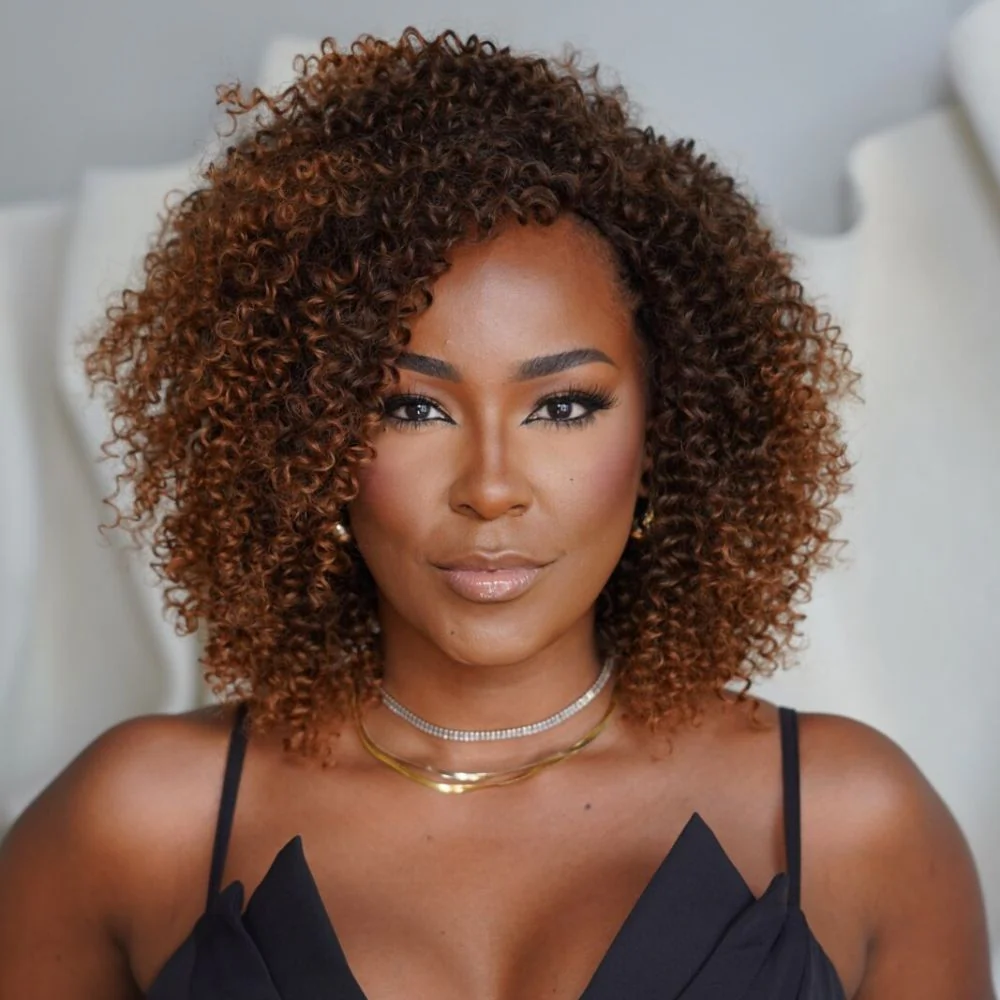 Glueless Dark Brown Mix Light Auburn Curly Wig With Bangs