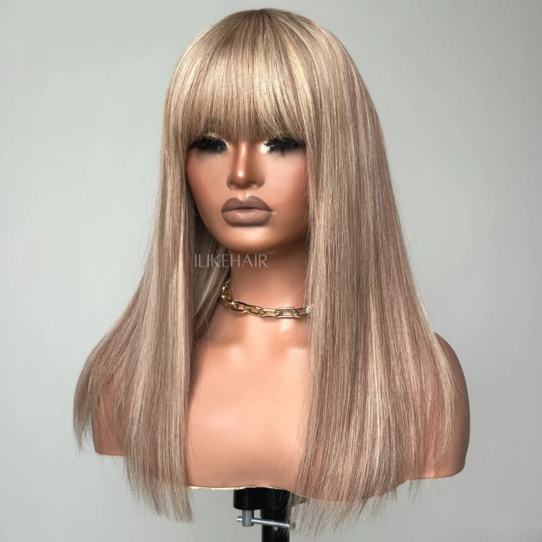 P10/613 Blonde Highlight Straight Glueless Human Hair Wig With Bangs