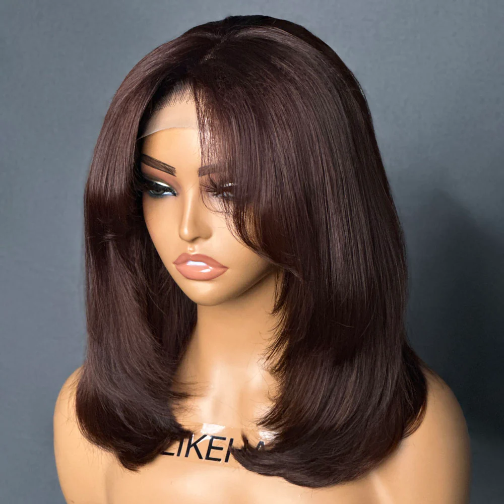 Chocolate Brown Layered Cut With Curtain Bangs Lace Closure Wig