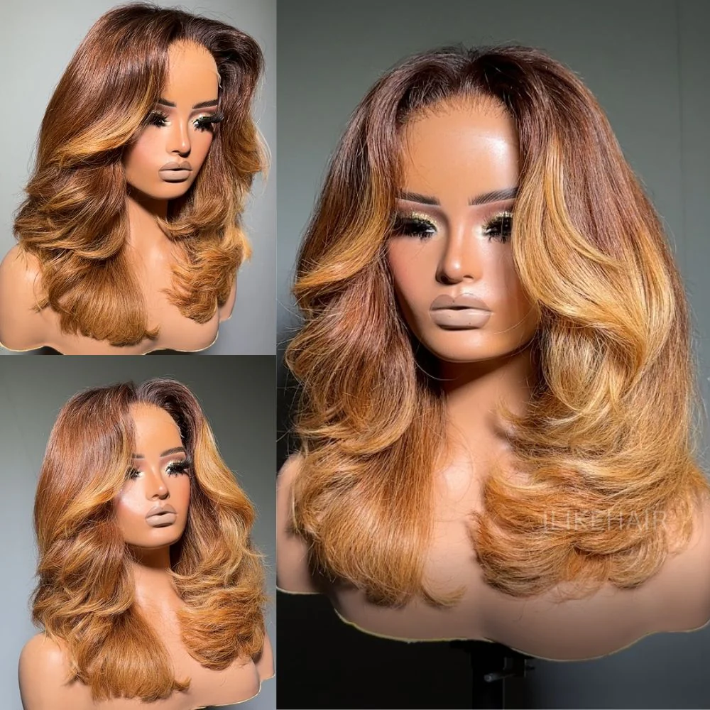 Ombre Light Brown Layered Cut Wavy 5x5 Lace Closure Wig