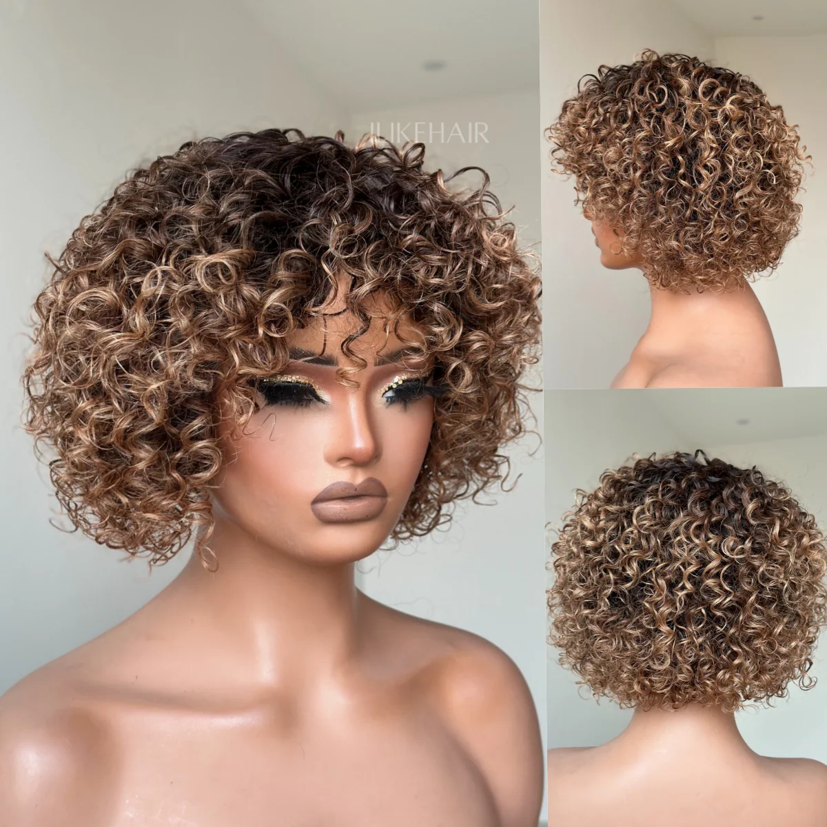 Put On & Go Short Ombre Honey Blonde Curly Wig With Bangs