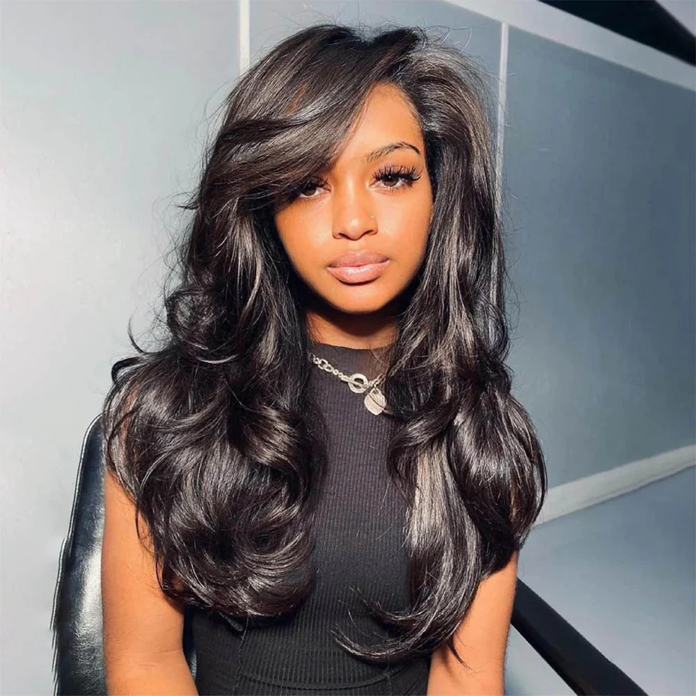 Layered Cut 5x5 Closure Wavy Glueless Lace Wig Side Bangs Human Hair