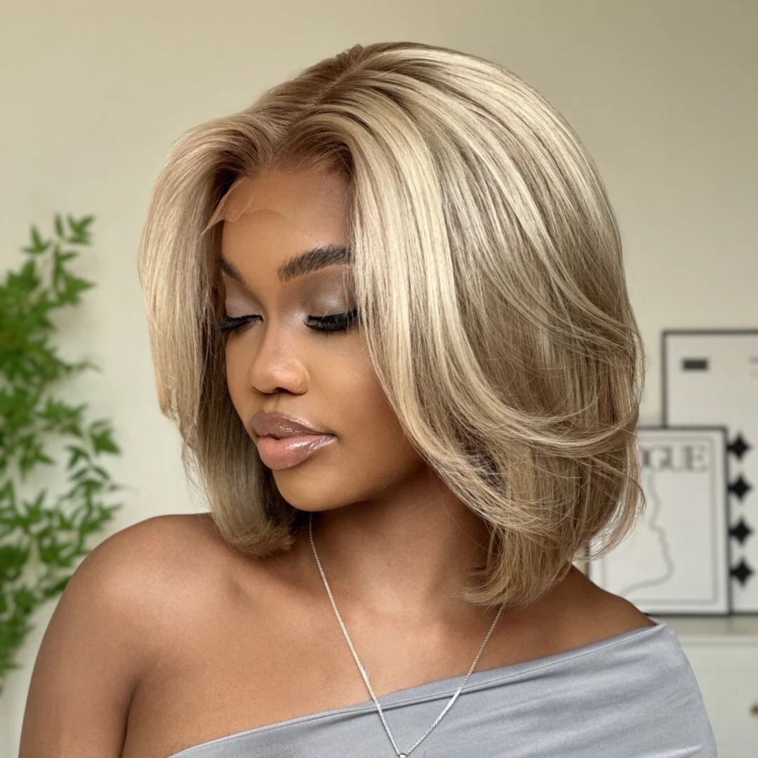 Ombre Ash Blonde Layered Cut Blowout Bob 13��4 Lace Frontal Wig
