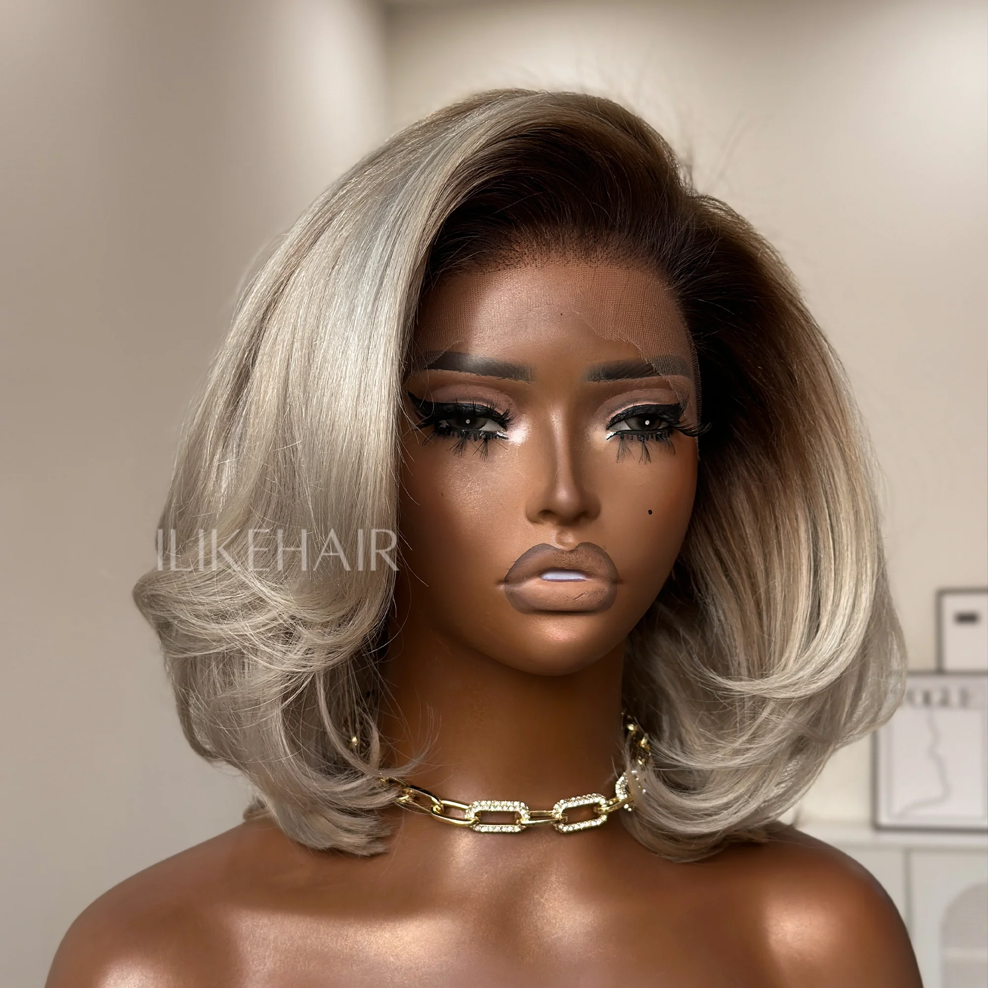 Short Ash Blonde Layered Bob With Dark Root Lace Frontal Wig