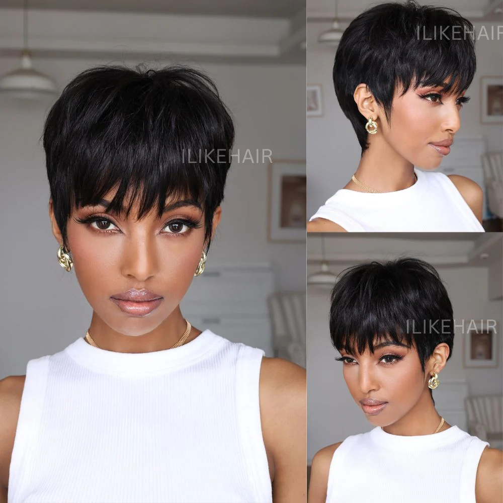 Put on & Go Layered Short Pixie Cut Human Hair Wig With Bang