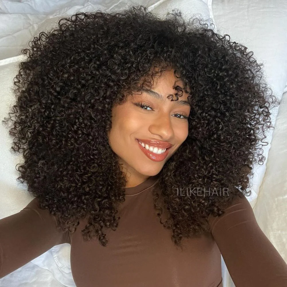 Natural Afro Kinky Curly With Bangs 5x5 Lace Closure Wig