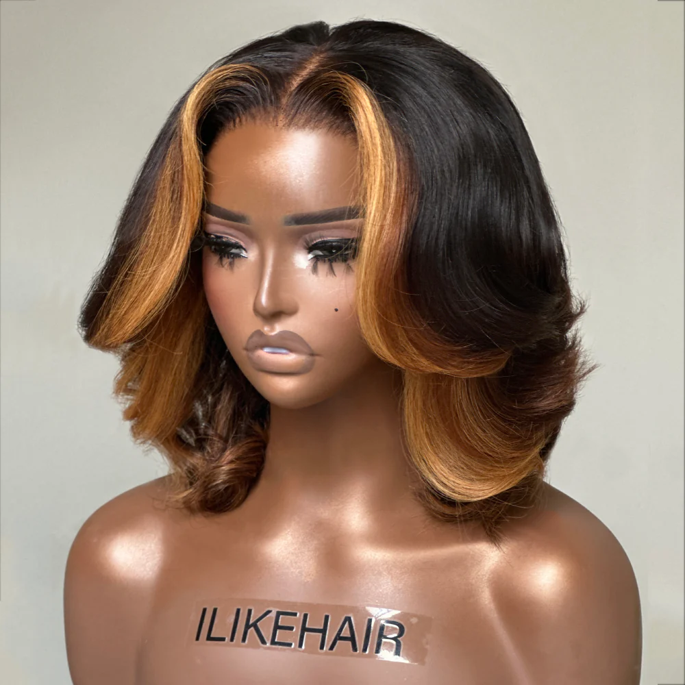 Honey Blonde Highlights Layered Cut Bob Lace Wig