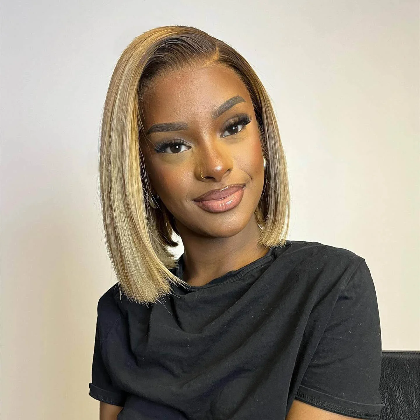 Ash Blonde Highlights Blunt Cut Adjustable Cap Virgin Hair Bob HD Lace Wig