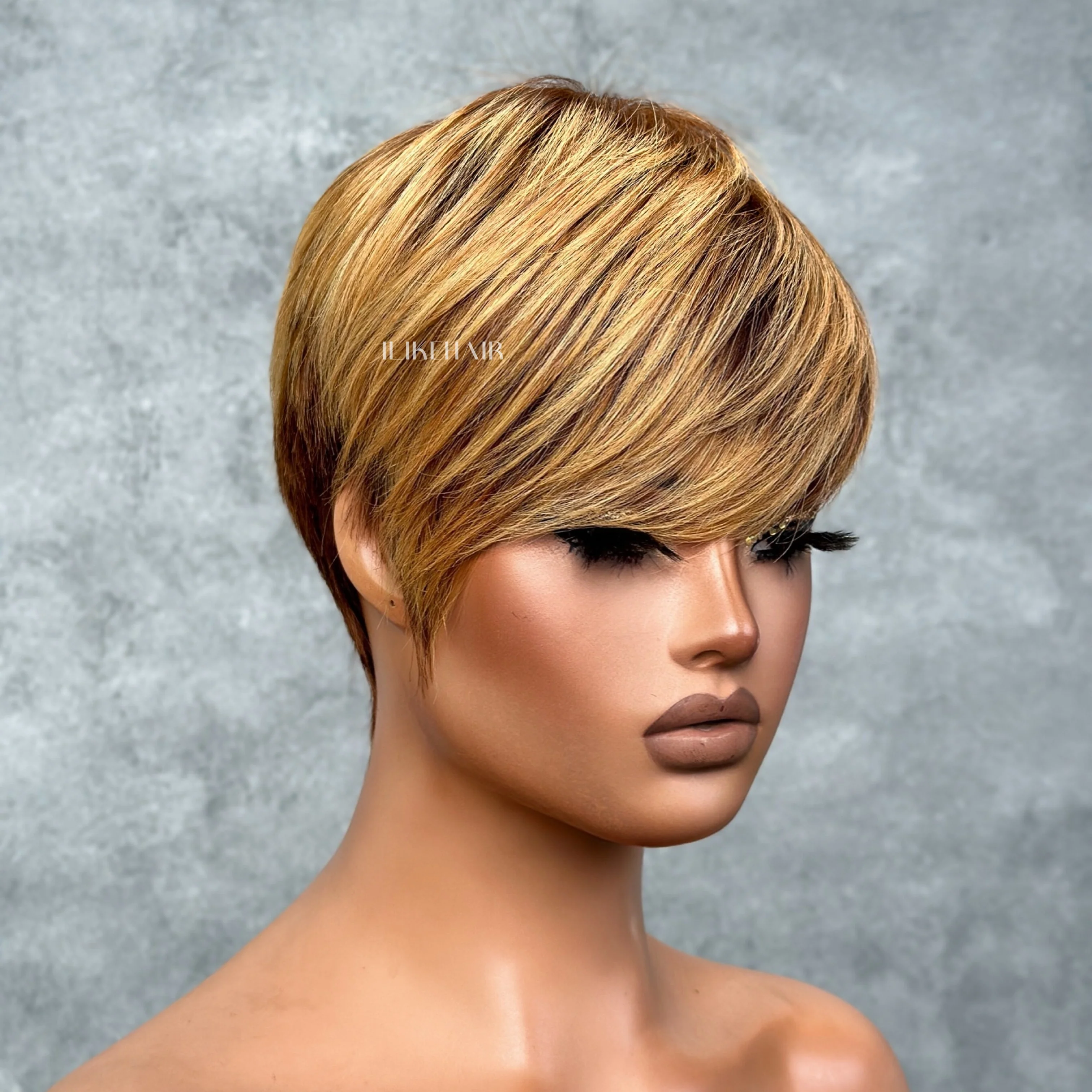 Put on  & Go Blonde Highlight with Bottom Brown Pixie Cut Wig