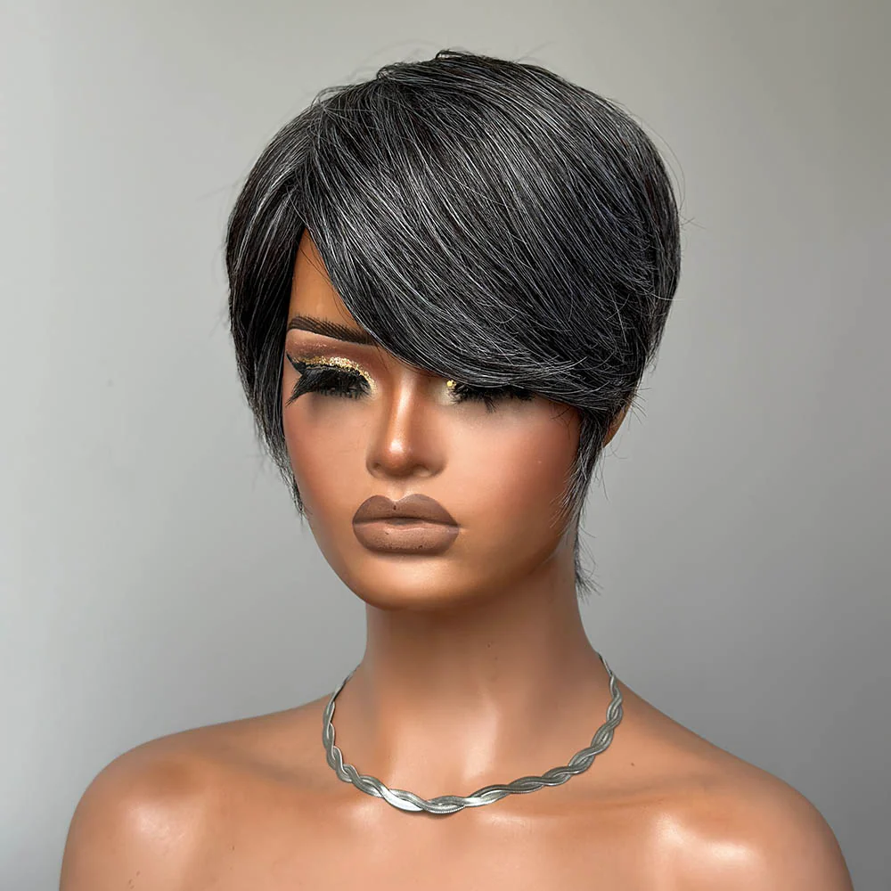Short Silver Pixie Human Hair Wig with Side Bangs