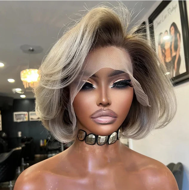Short Ash Blonde Layered Bob With Dark Root Lace Frontal Wig
