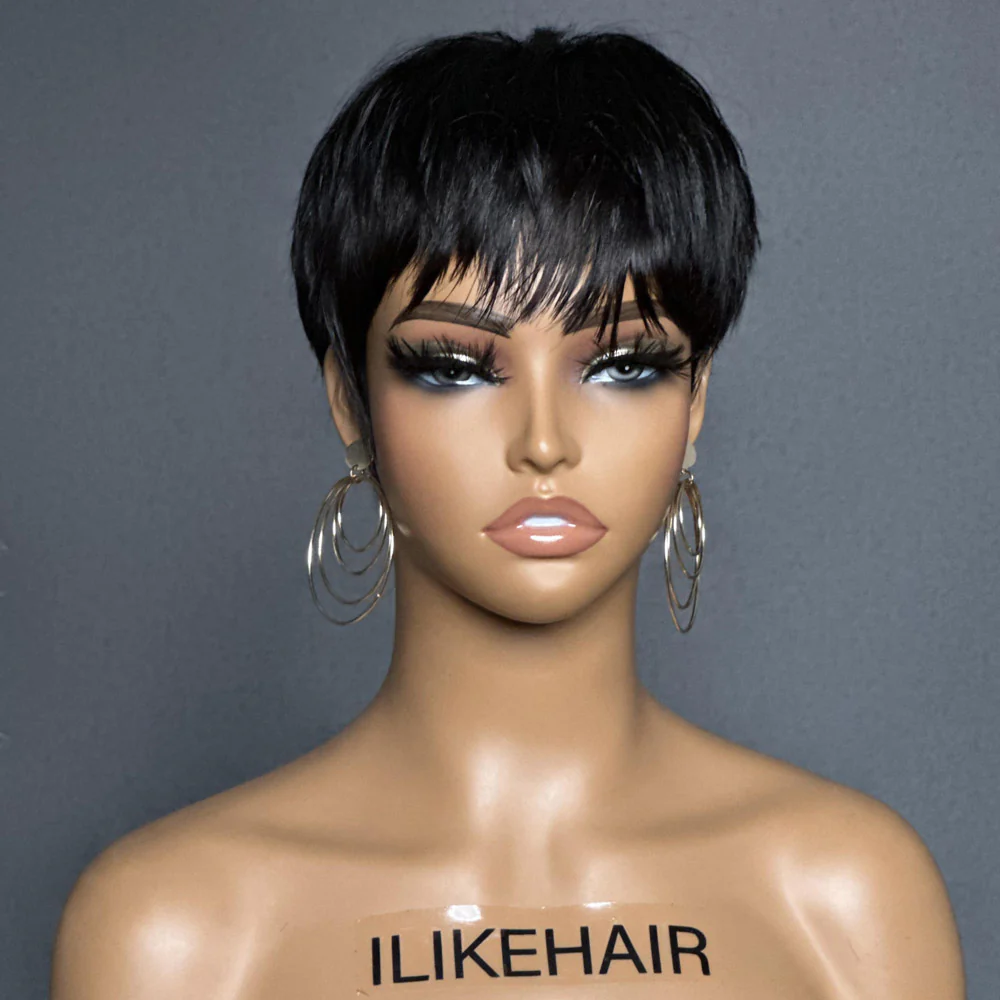 Short Pixie Cut Glueless Human Hair Wig With Bangs