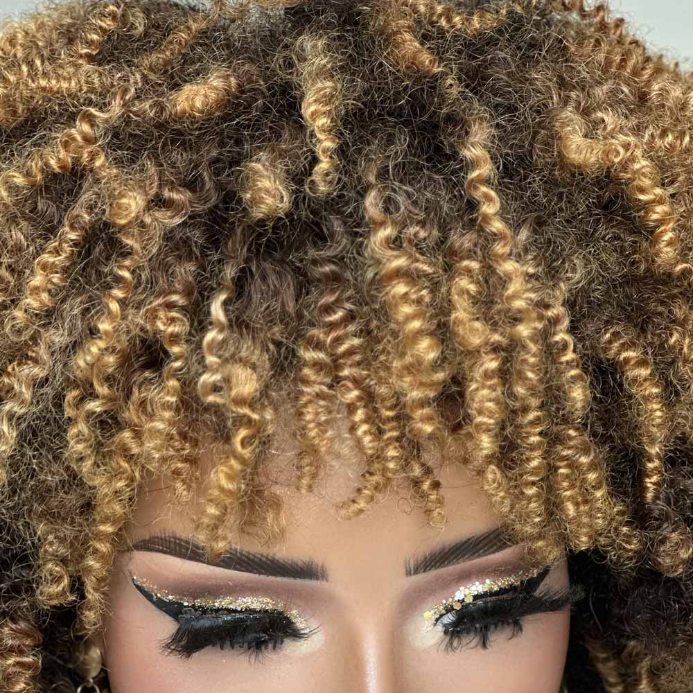 Put on & Go Honey Blonde Highlights Afro Kinky Coily Glueless Bob Wig With Bangs