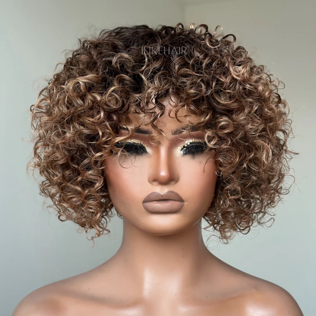 Put On & Go Short Ombre Honey Blonde Curly Wig With Bangs