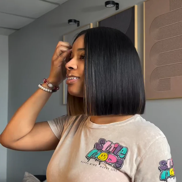 Black Mix Blonde Straight Blunt Cut Bob 5x5 Lace Closure Wig