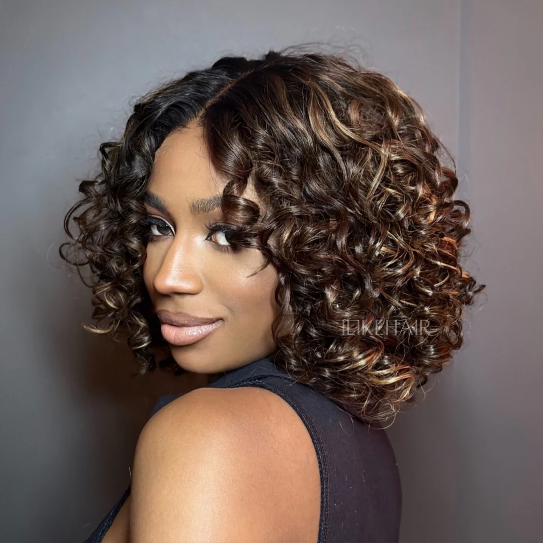 Short Blonde Highlights Glueless Pixie Curly Lace Closure Wig