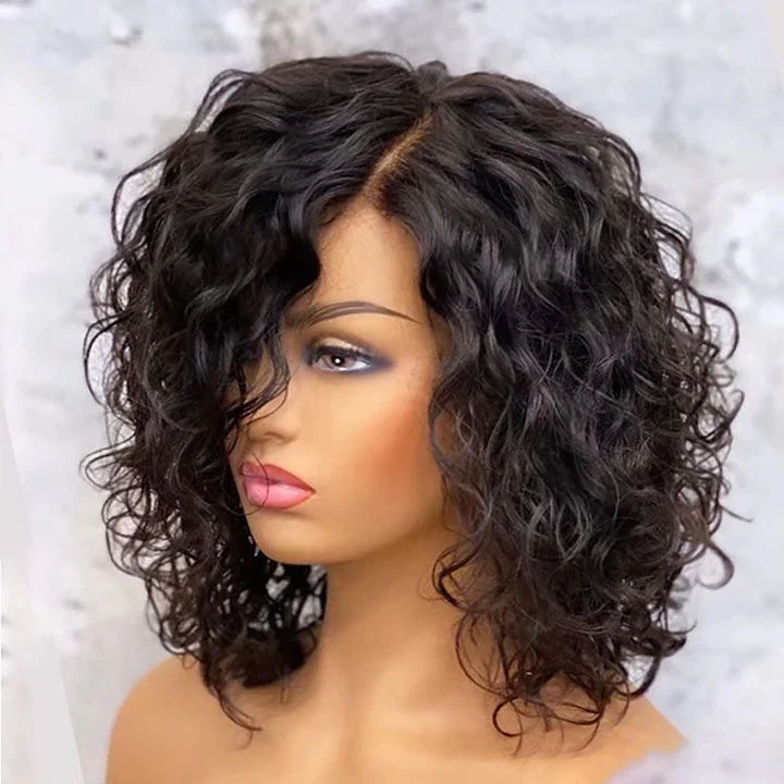 Short Curly Natural Black Human Hair Bob Frontal Lace Wig
