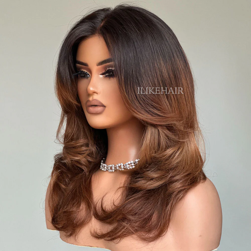 Ombre Brown Layered Wavy With Curtain Bangs Lace Closure Wig