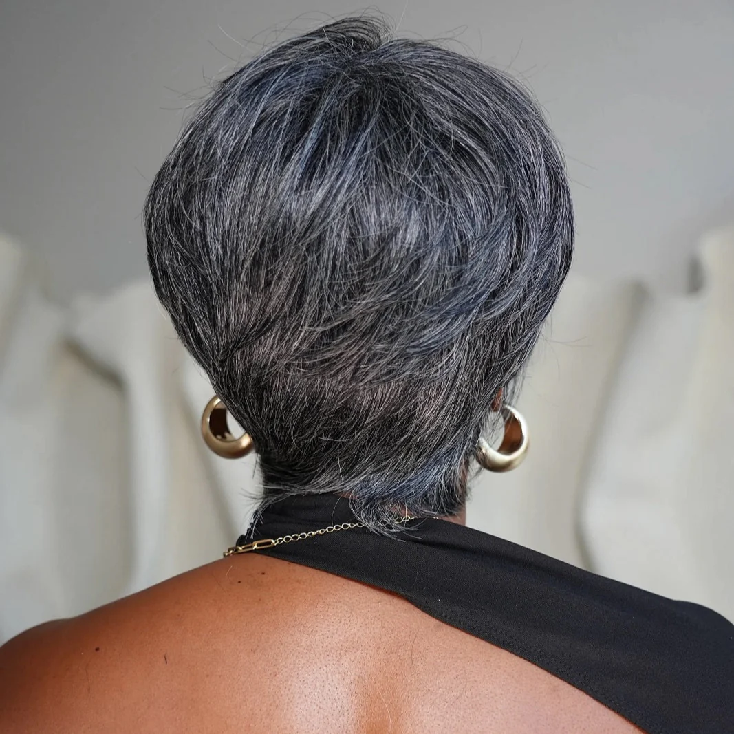 Short Silver Pixie Human Hair Wig with Side Bangs