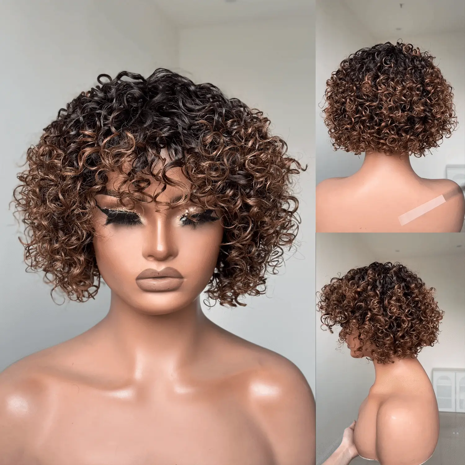 Chic Ombre Mix Color Short Cut Curly Put On & Go Wig 100% Human Hair