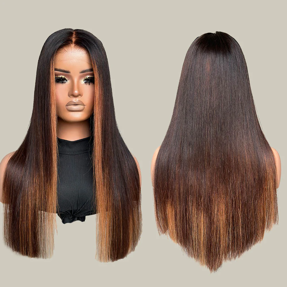 Classic Brown With Blonde Highlights Silky Straight Glueless Closure Lace Wig