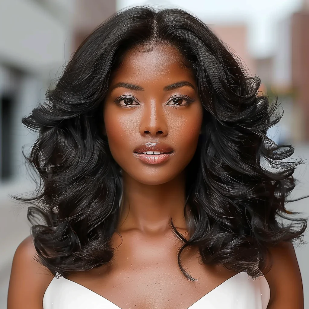 Put on & Go Designer Layered Curtain Bangs Wavy Lace Closure Wig