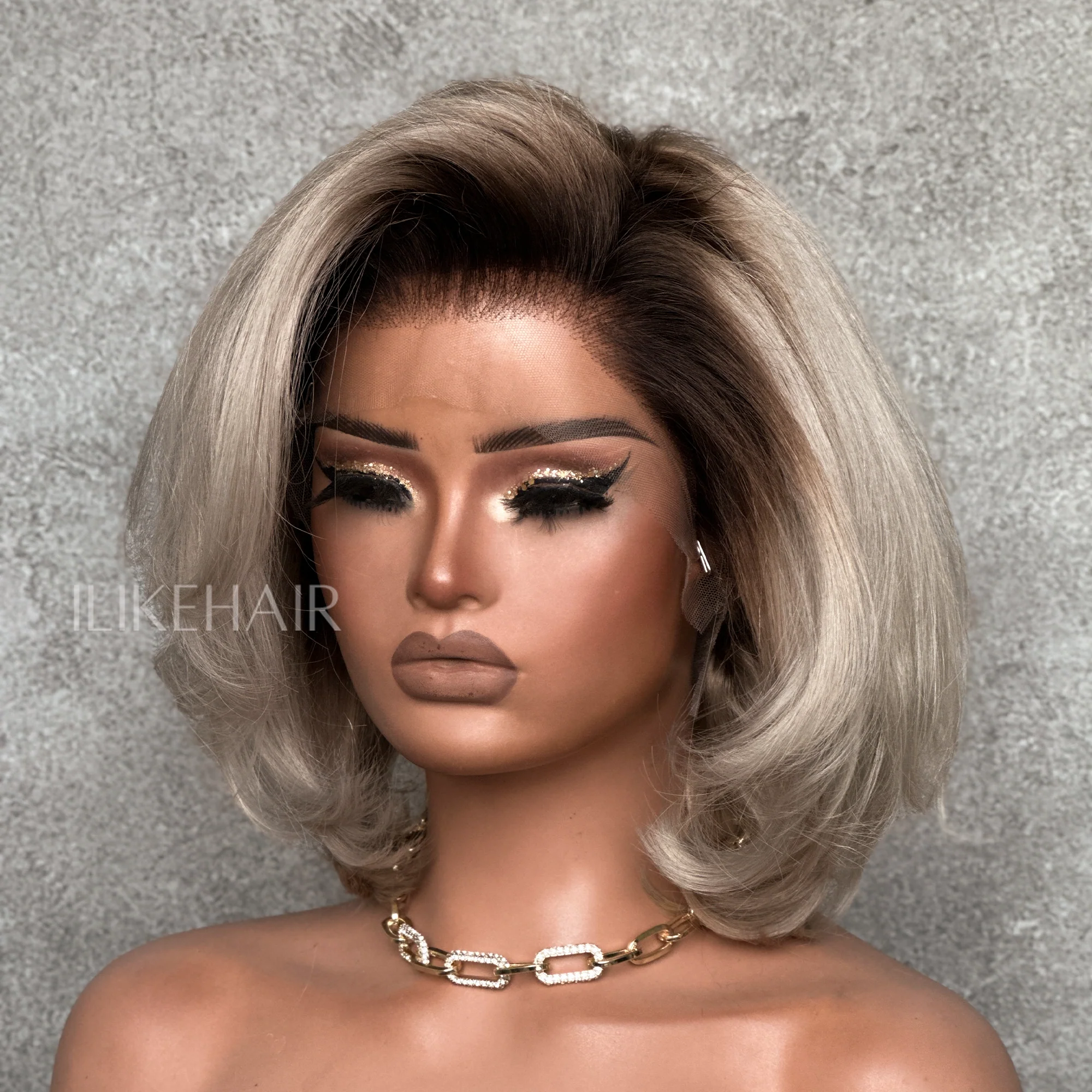 Short Ash Blonde Layered Bob With Dark Root Lace Frontal Wig