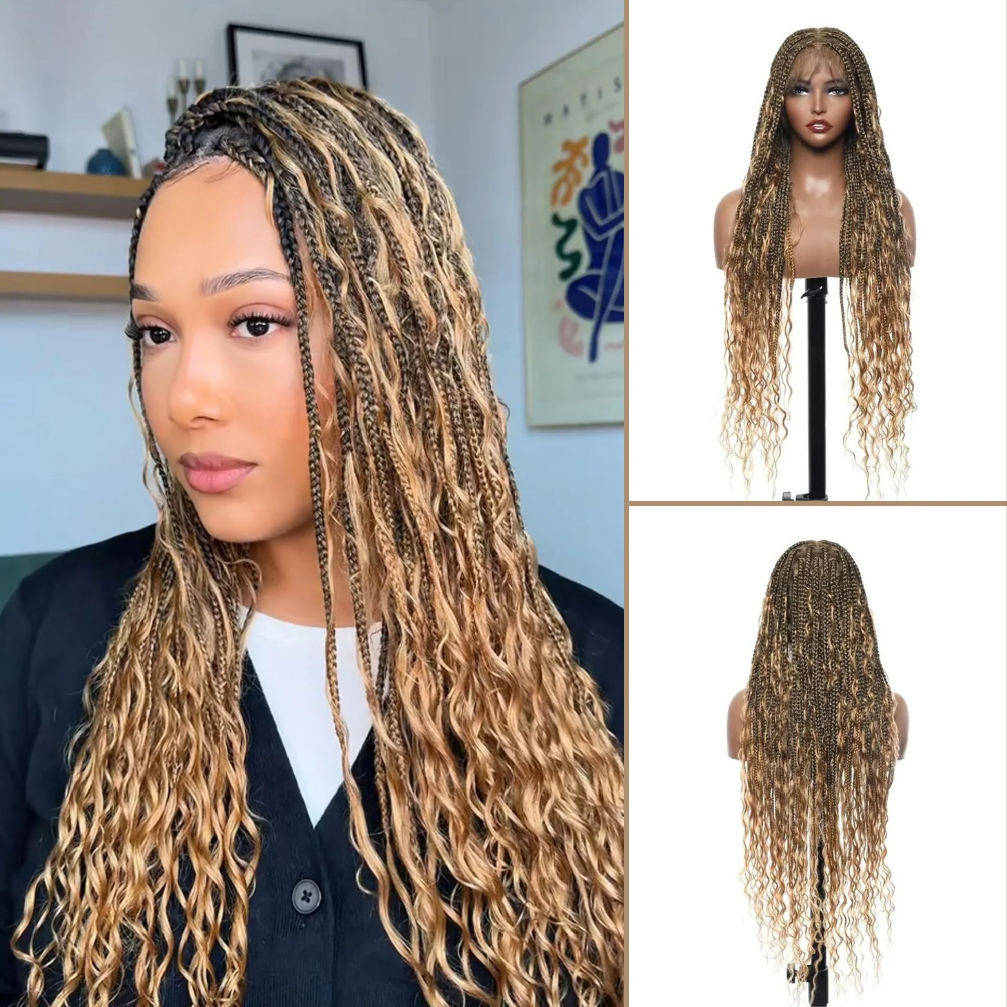 Tangleless Full Lace Bohemian Braided Curls Ombre Blonde Invisi Drawstring Wig