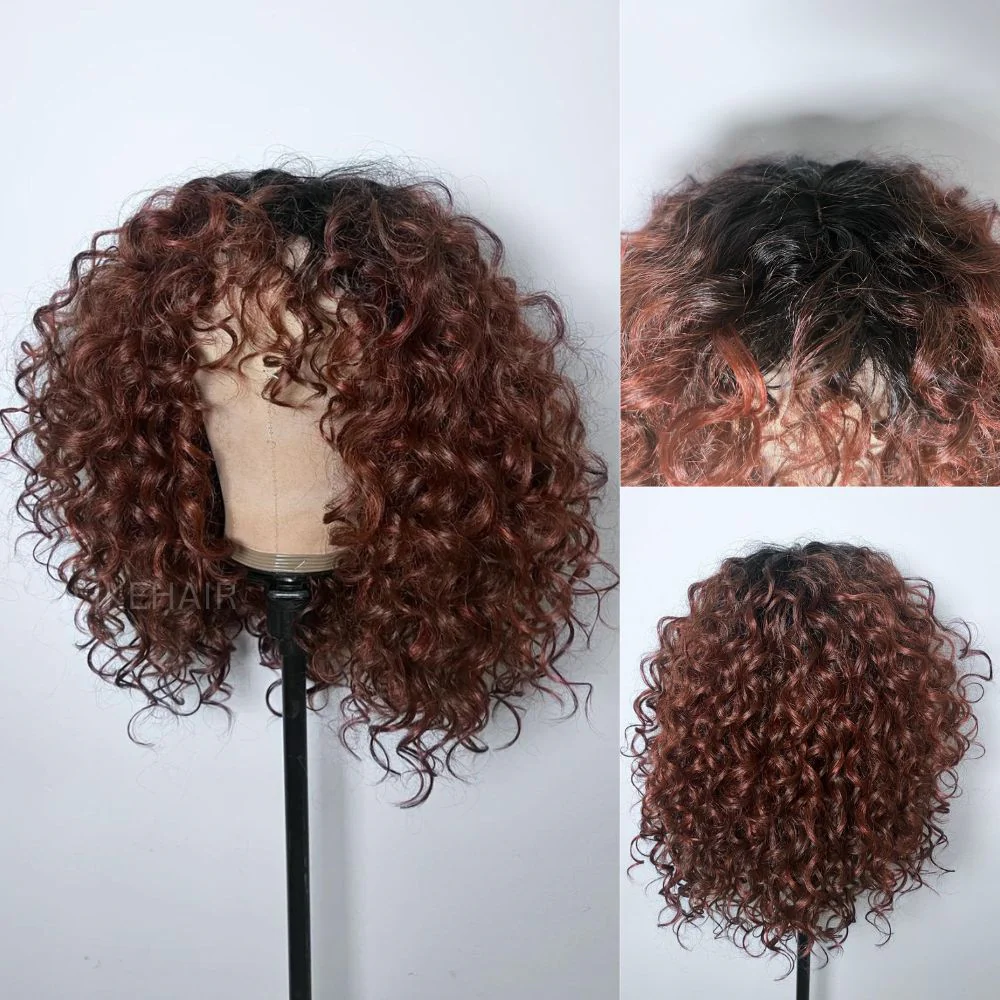 Glueless Ginger Brown Dark Root Curly  Wig With Bangs