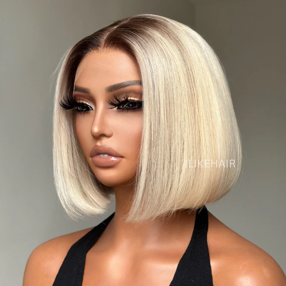 Short Ombre Light Blonde Silky Bob 13x4 Lace Front Wig