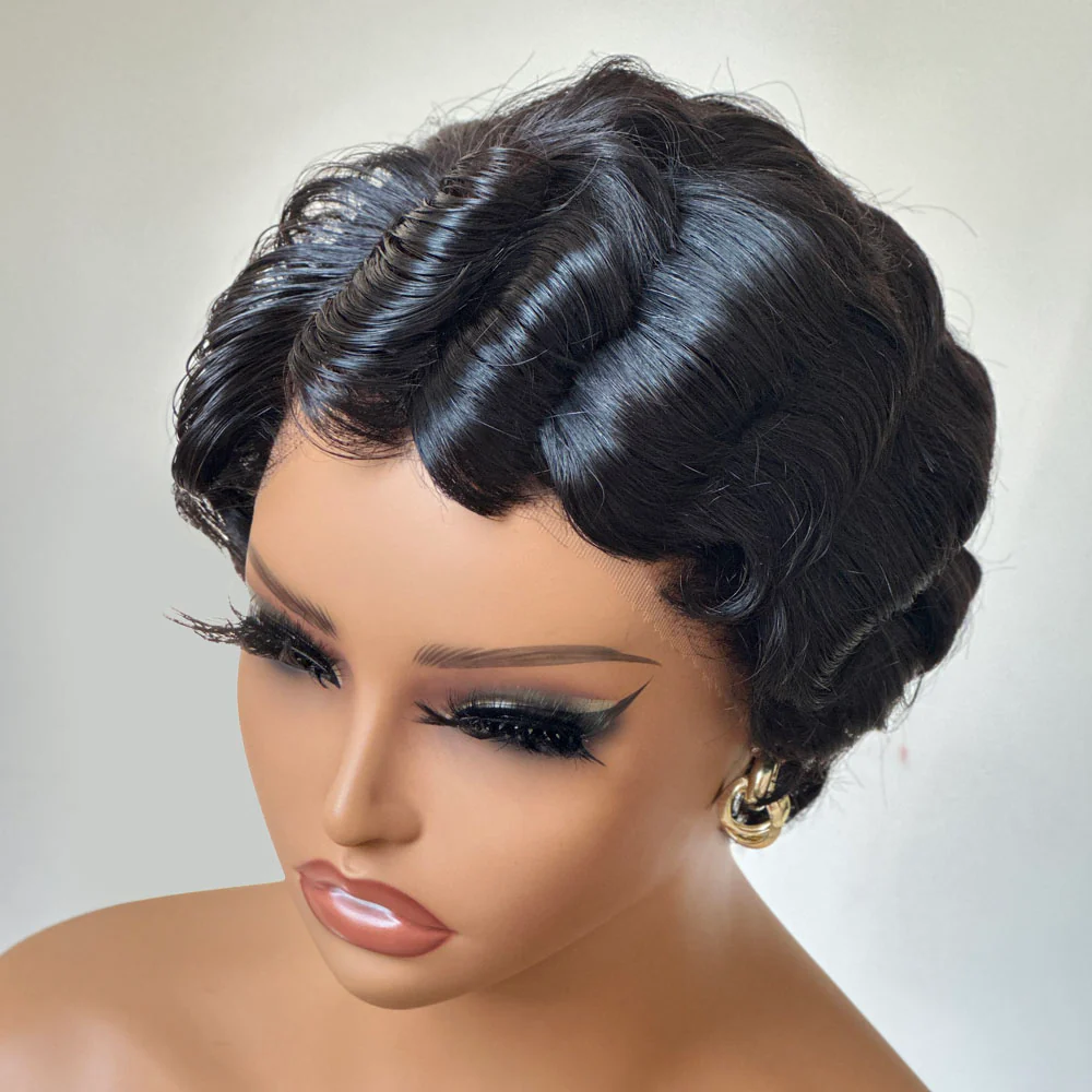 Short Pixie Cut Finger Wave Human Hair 13x4 Lace Front Wig