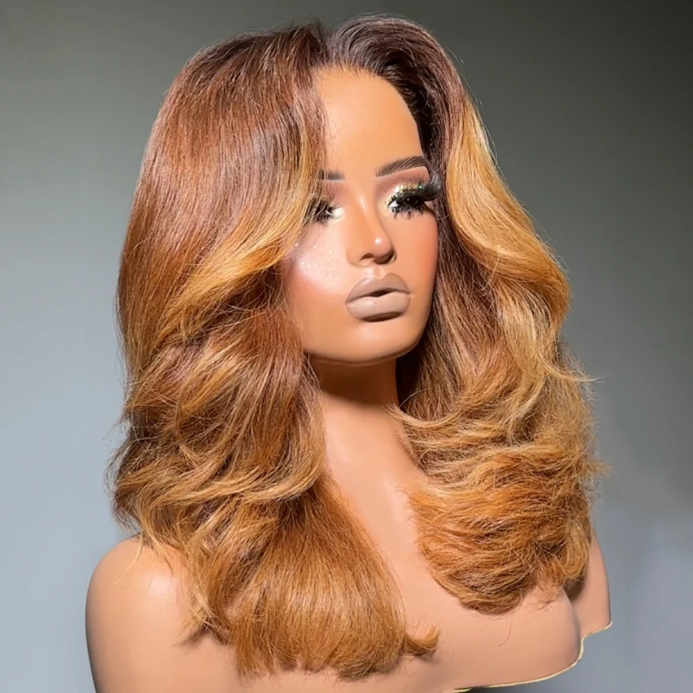 Ombre Light Brown Layered Cut Wavy 5x5 Lace Closure Wig