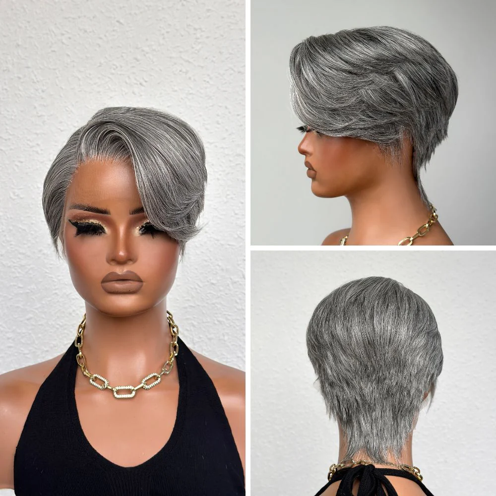 Salt and Pepper Pixie Cut 13x4 Wig with Layers