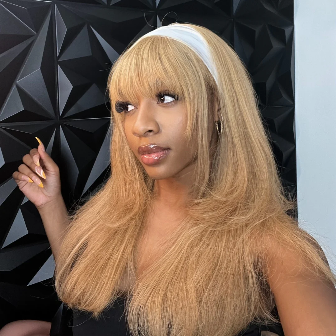 Honey Blonde Hair Wig With Bangs Glueless 13x4 Frontal Lace Wig 100% Human Hair